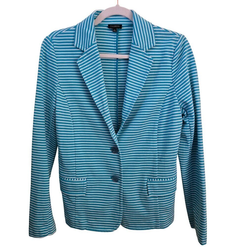 Talbots NWOT Turquoise White Striped 2 Button Cotton Blend Blazer Size M - Picture 2 of 8
